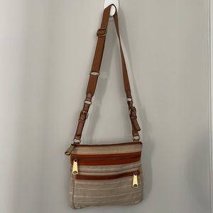 Fossil Beige Canvas Crossbody with Cognac Brown Trim and Gold Hardware